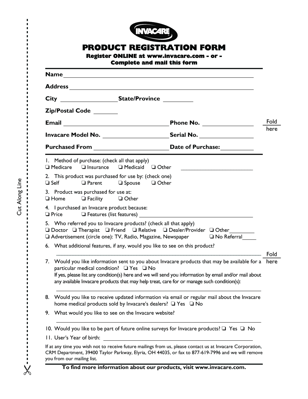 Invacare Atlas manual Product Registration Form, City State/Province 