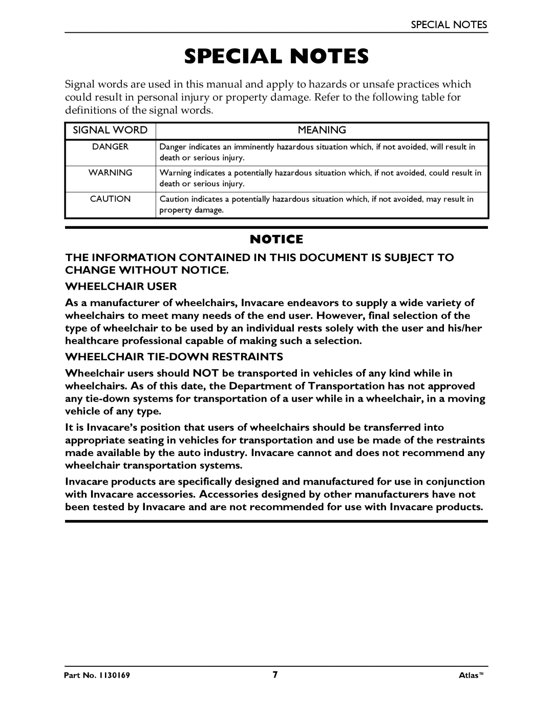 Invacare Atlas manual Special Notes, Wheelchair TIE-DOWN Restraints 