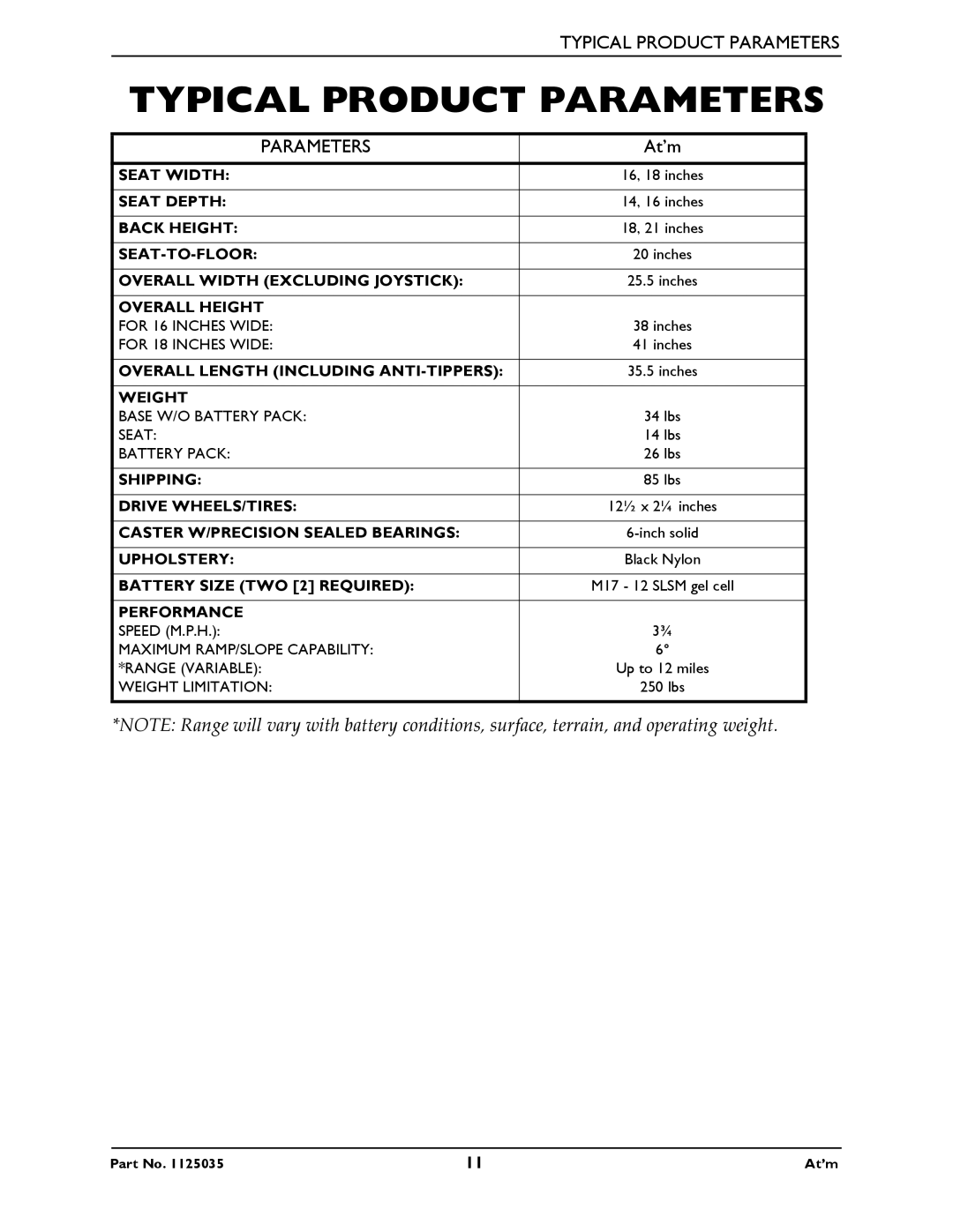 Invacare At'm manual Typical Product Parameters 