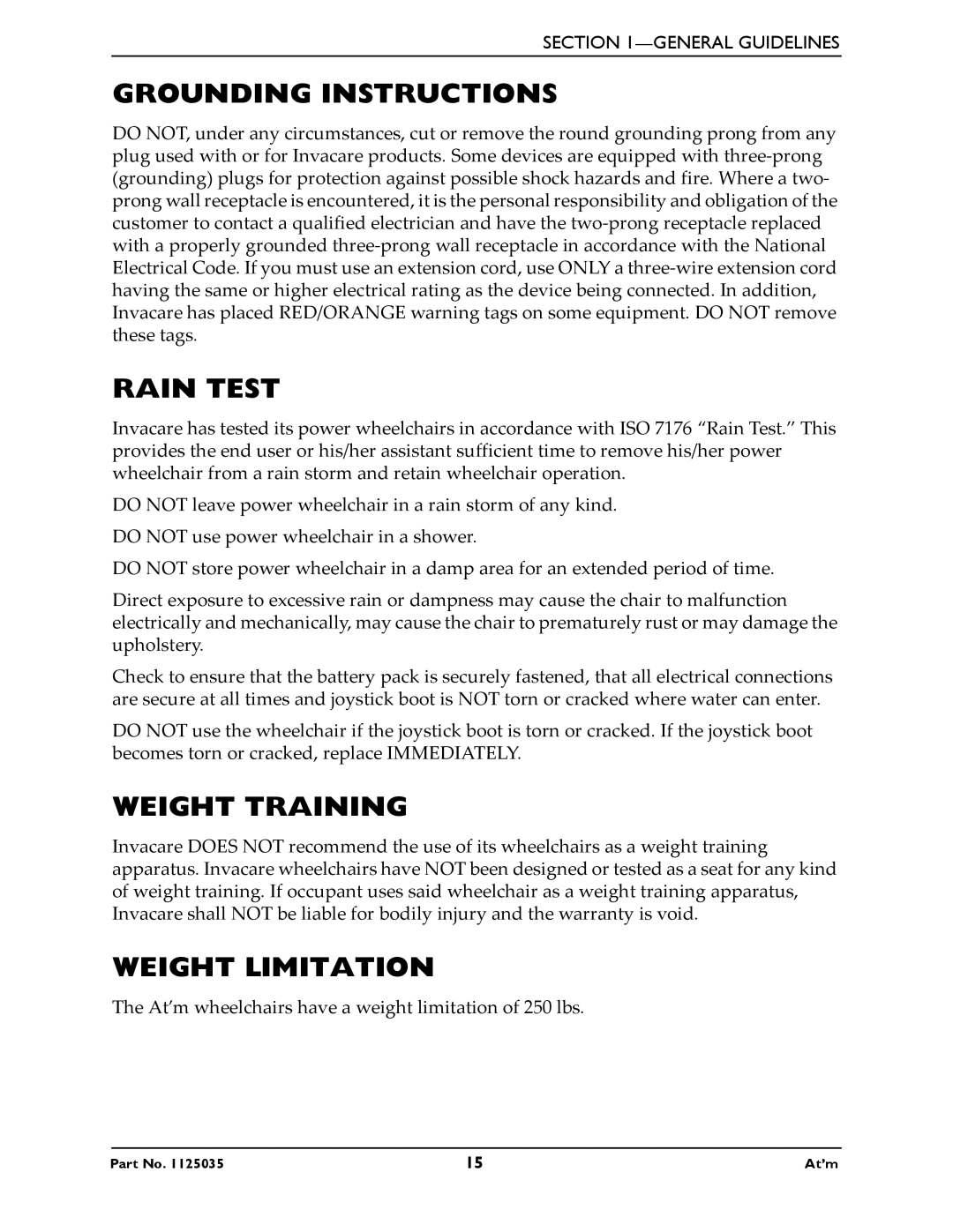 Invacare At'm manual Grounding Instructions, Rain Test, Weight Training, Weight Limitation 