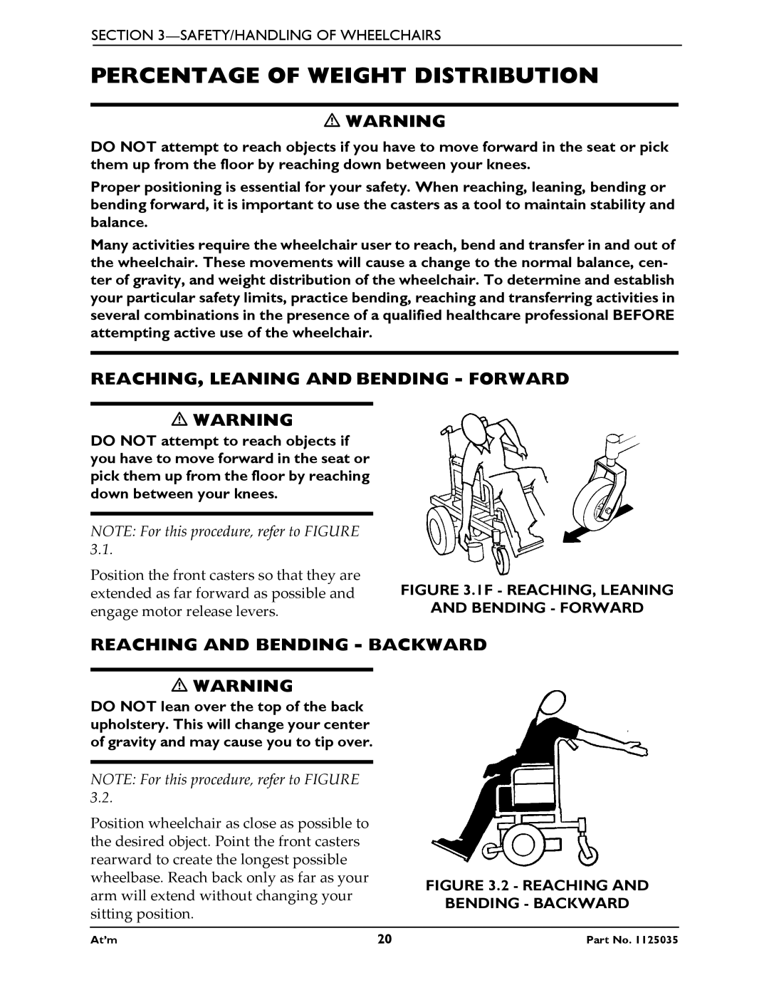 Invacare At'm Percentage of Weight Distribution, REACHING, Leaning and Bending Forward, Reaching and Bending Backward 