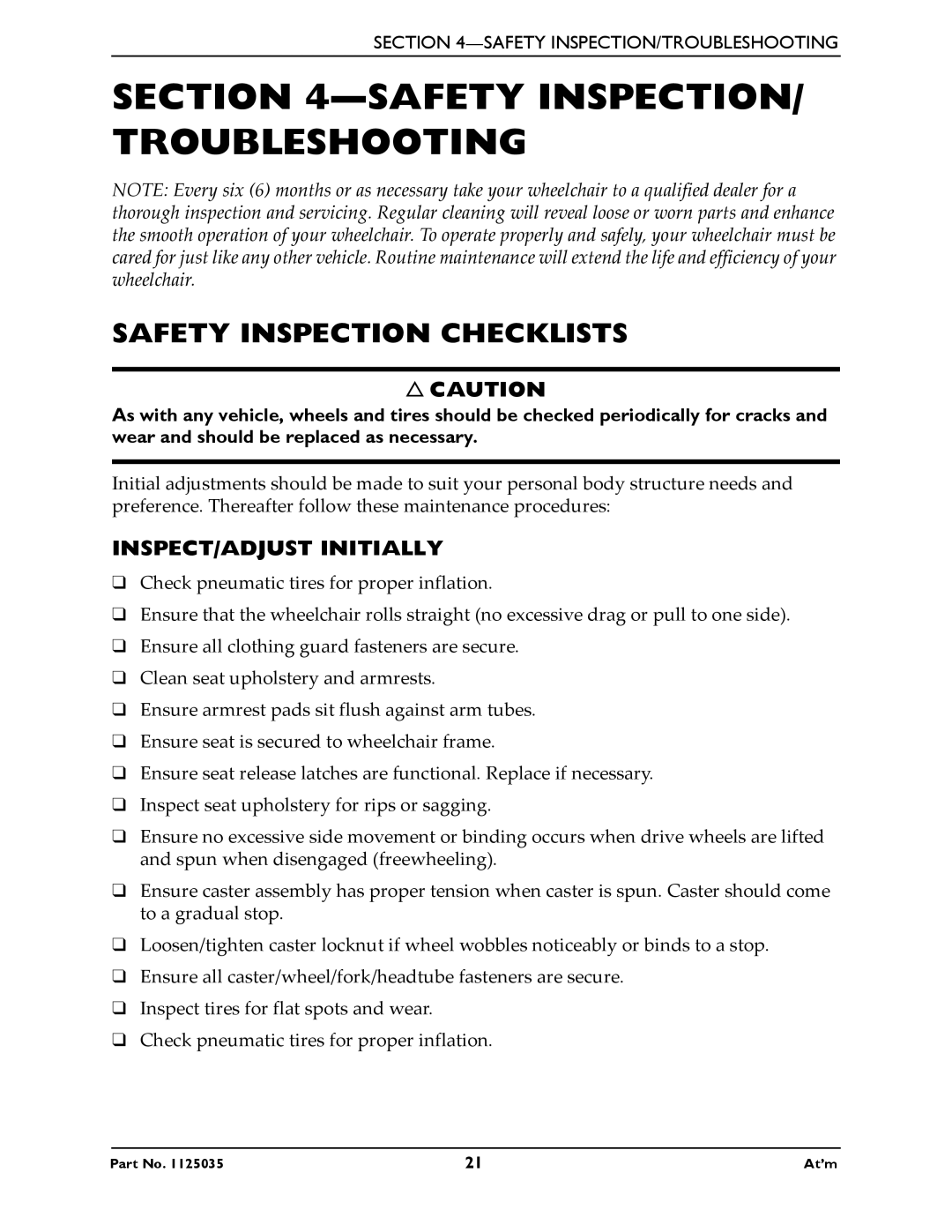 Invacare At'm manual Safety INSPECTION/ Troubleshooting, Safety Inspection Checklists, INSPECT/ADJUST Initially 