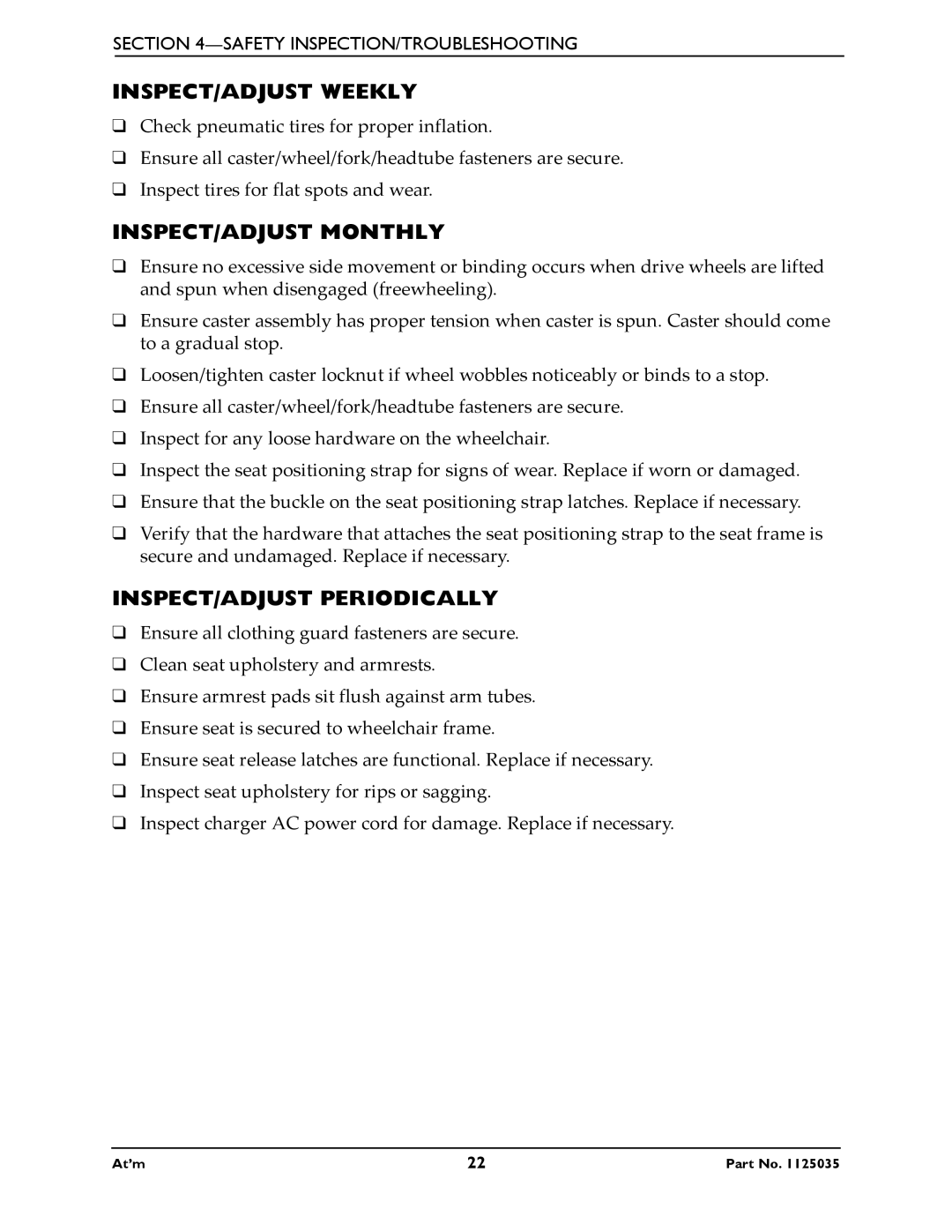 Invacare At'm manual INSPECT/ADJUST Weekly, INSPECT/ADJUST Monthly, INSPECT/ADJUST Periodically 