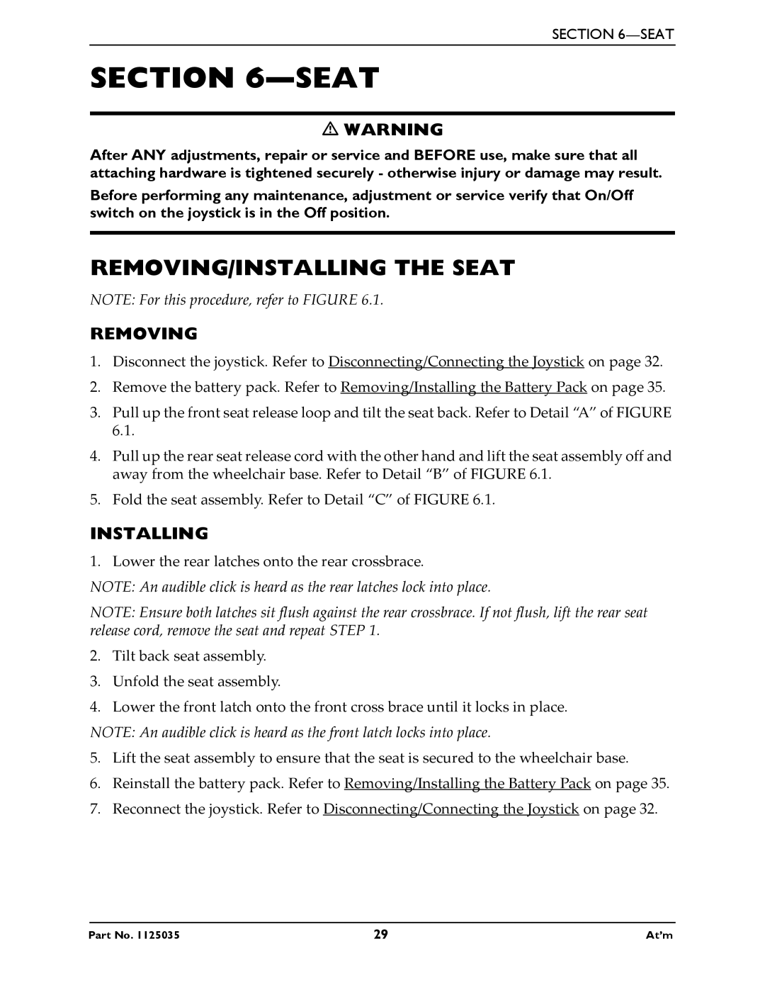 Invacare At'm manual REMOVING/INSTALLING the Seat, Removing, Installing 