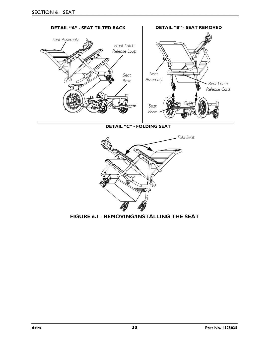 Invacare At'm manual REMOVING/INSTALLING the Seat 