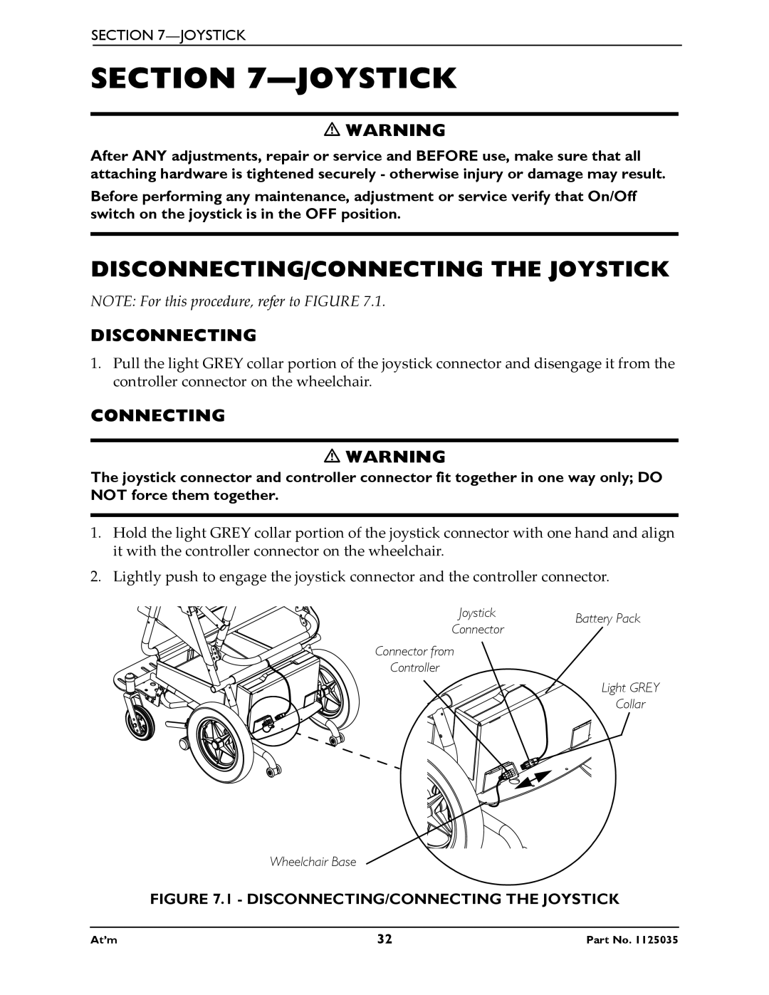 Invacare At'm manual DISCONNECTING/CONNECTING the Joystick, Disconnecting, Connecting 