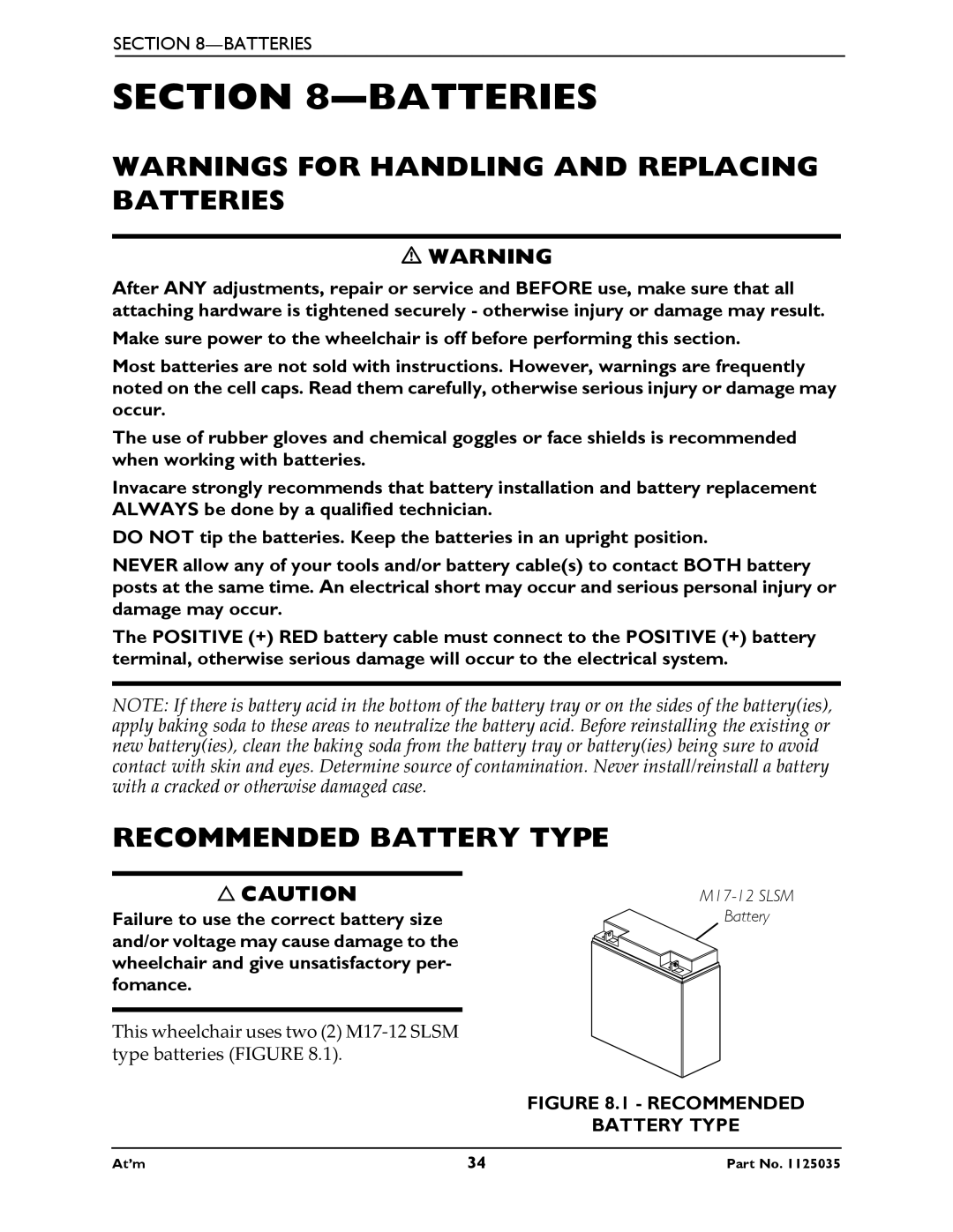 Invacare At'm manual Batteries, Recommended Battery Type 