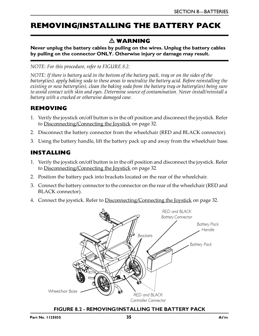 Invacare At'm manual REMOVING/INSTALLING the Battery Pack 