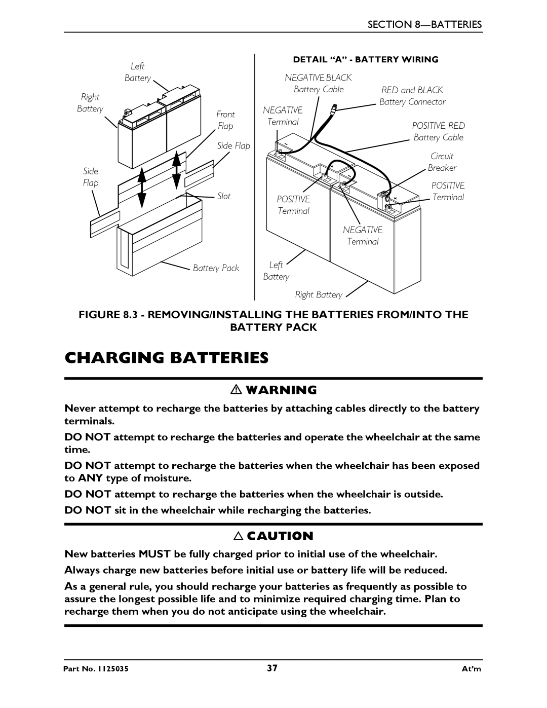 Invacare At'm manual Charging Batteries, REMOVING/INSTALLING the Batteries FROM/INTO Battery Pack 