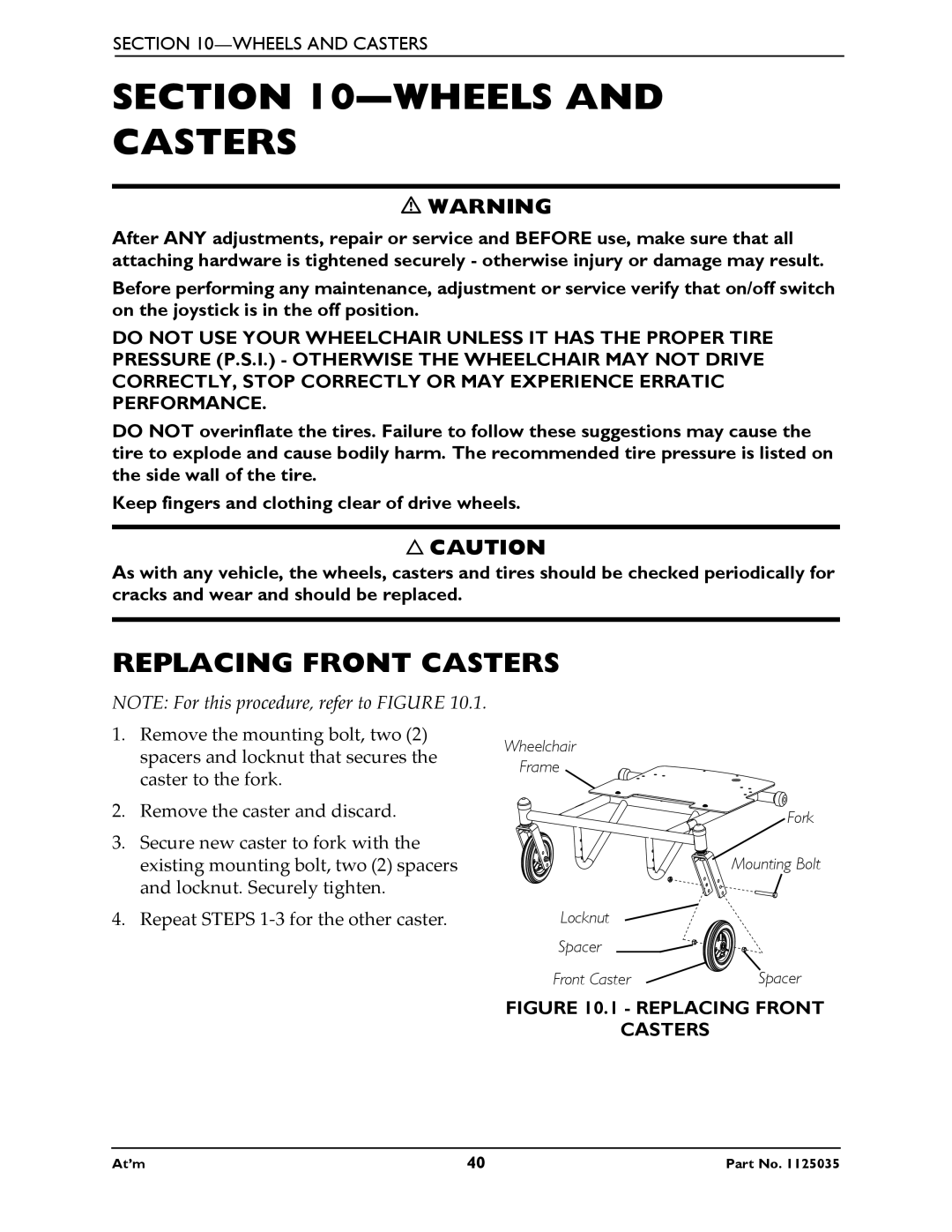 Invacare At'm manual Wheels and Casters, Replacing Front Casters 