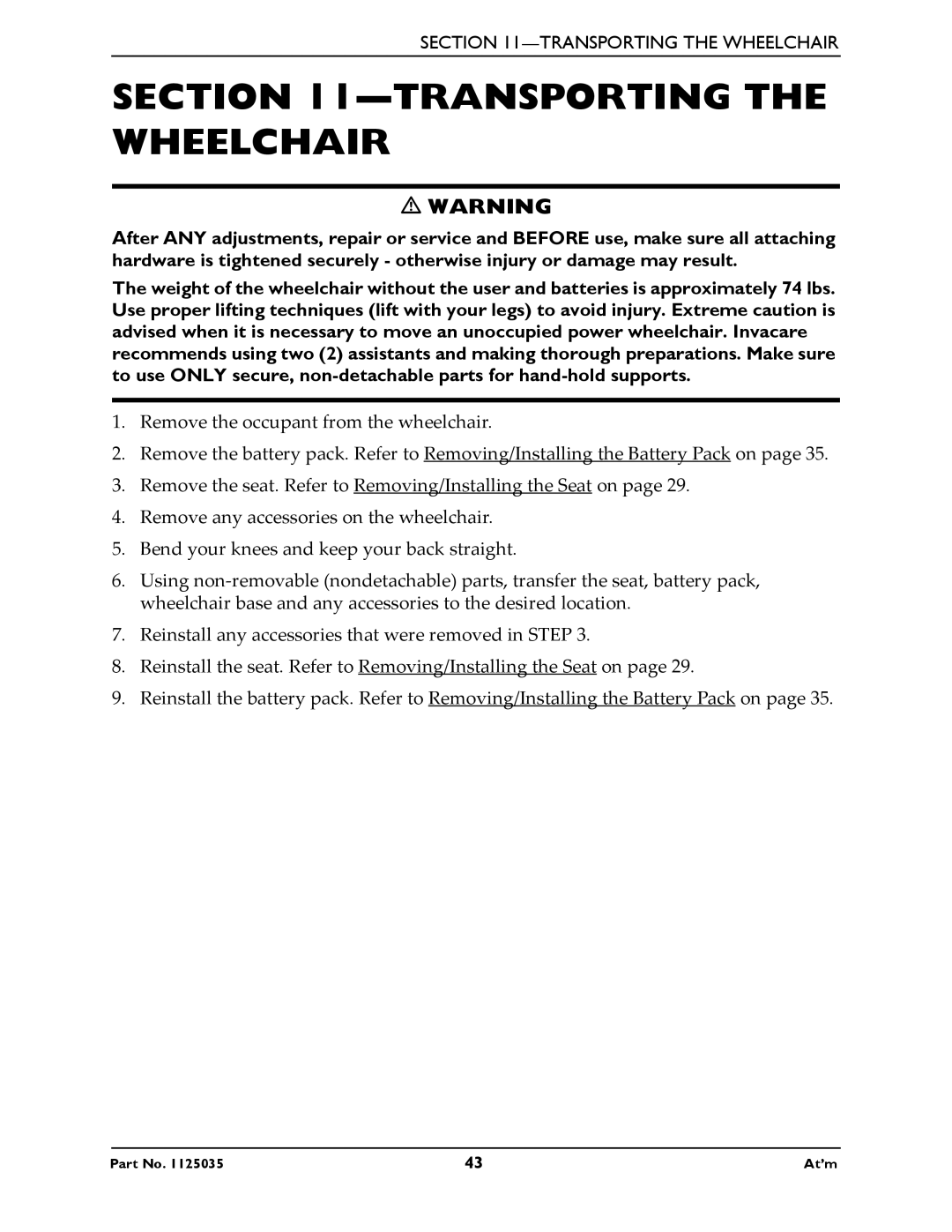 Invacare At'm manual Transporting the Wheelchair 