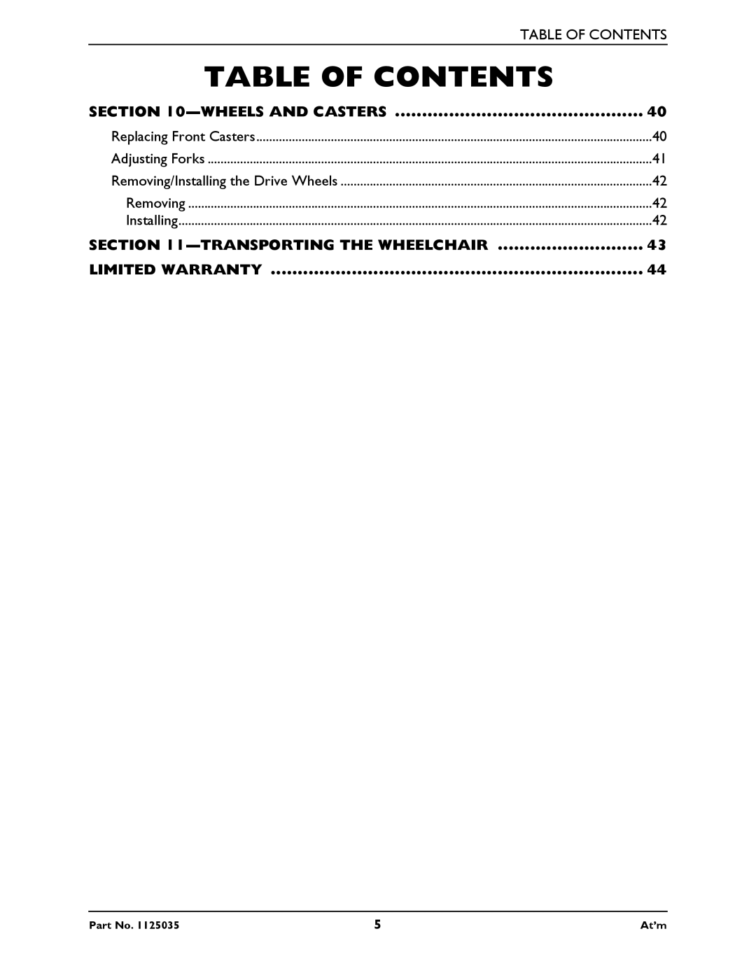 Invacare At'm manual Table of Contents 