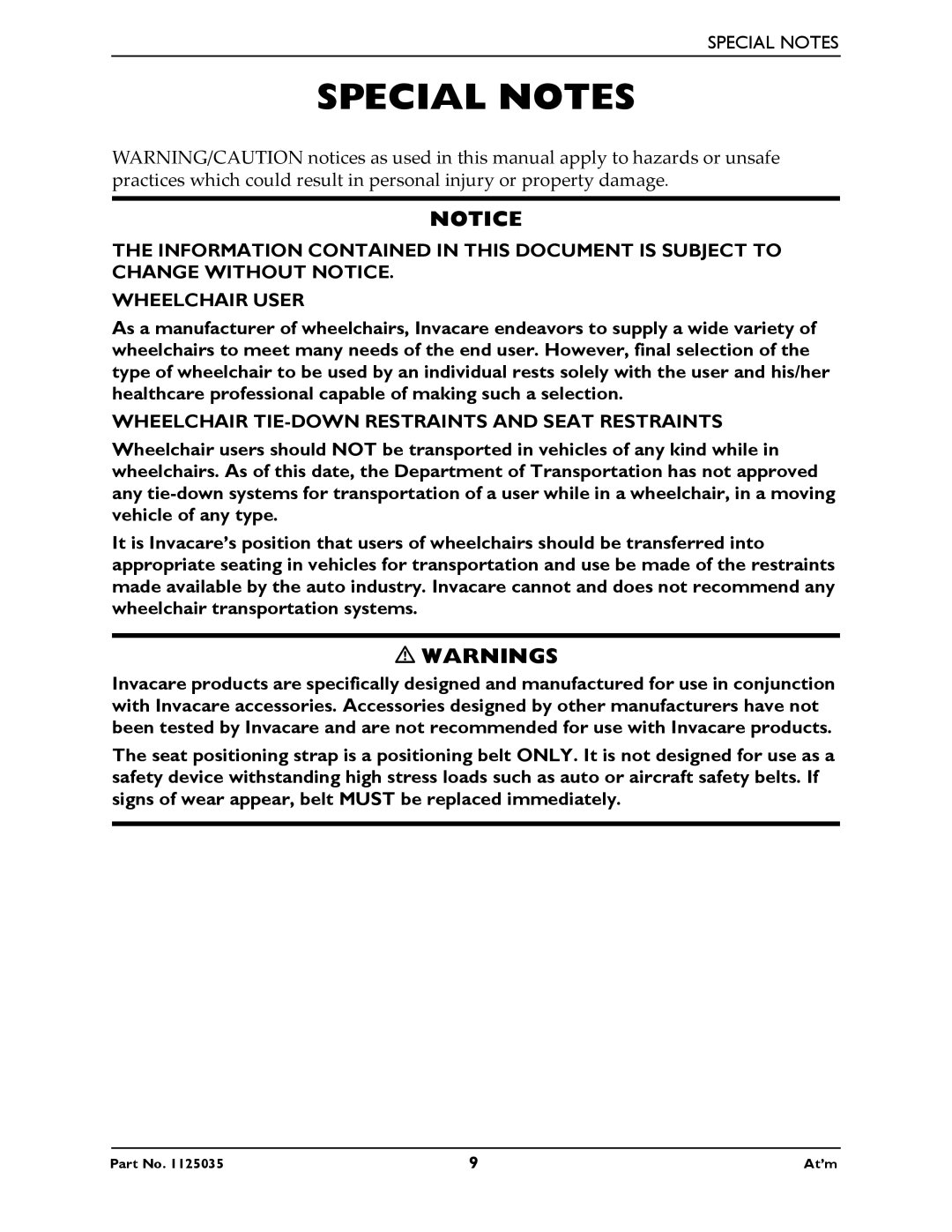 Invacare At'm manual Special Notes, Wheelchair TIE-DOWN Restraints and Seat Restraints 