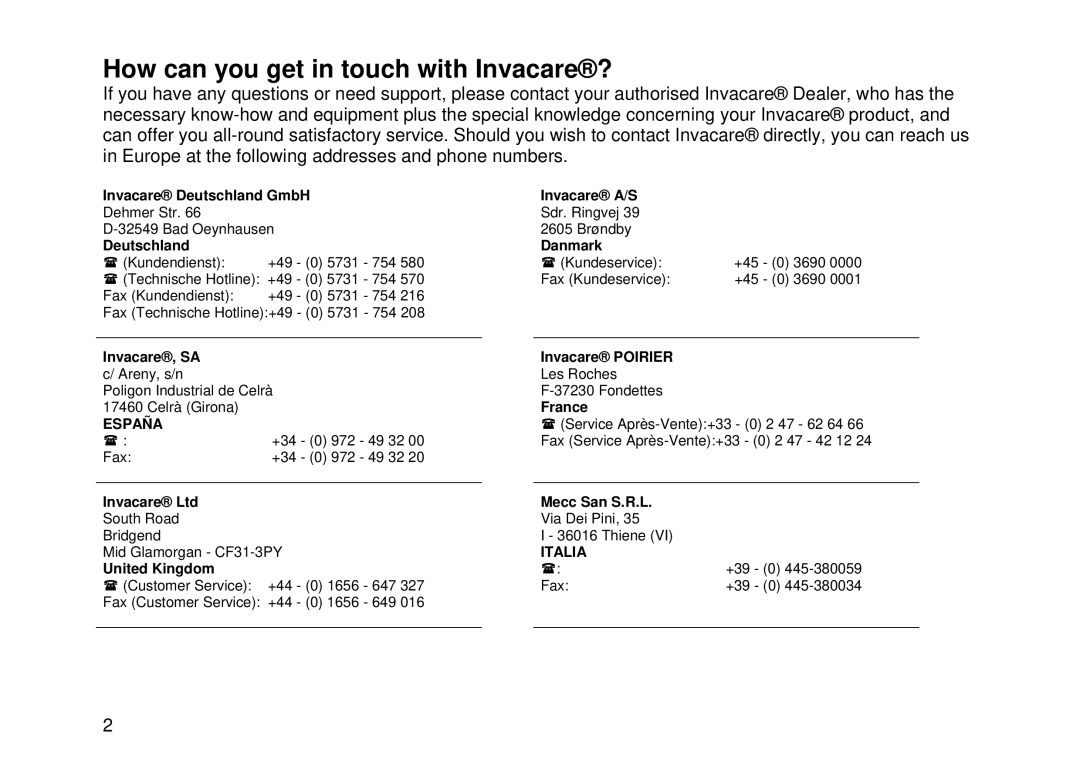 Invacare Auriga10 user manual How can you get in touch with Invacare?, Deutschland Danmark 