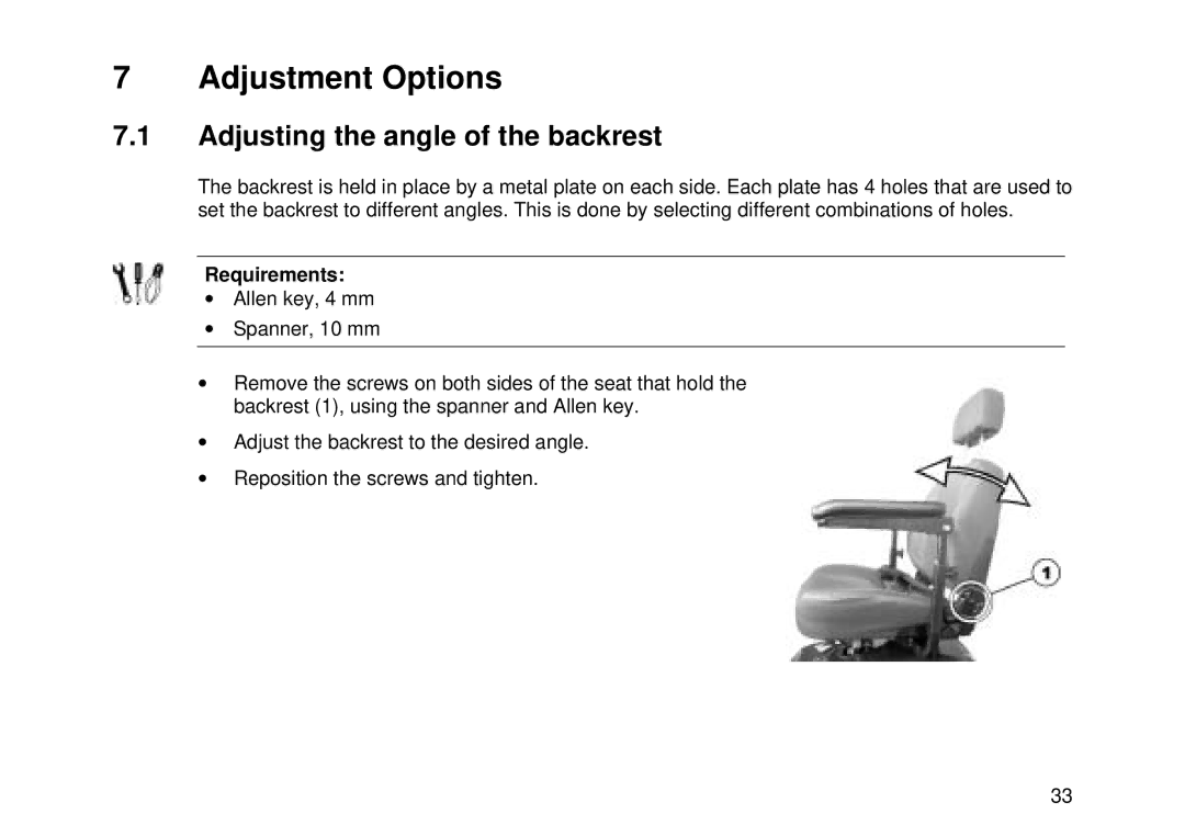 Invacare Auriga10 user manual Adjustment Options, Adjusting the angle of the backrest 