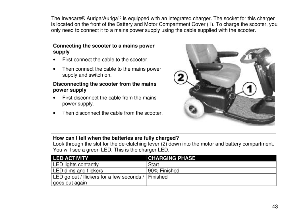 Invacare Auriga10 Connecting the scooter to a mains power supply, Disconnecting the scooter from the mains power supply 