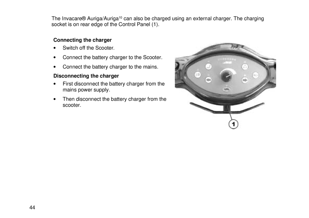 Invacare Auriga10 user manual Connecting the charger, Disconnecting the charger 