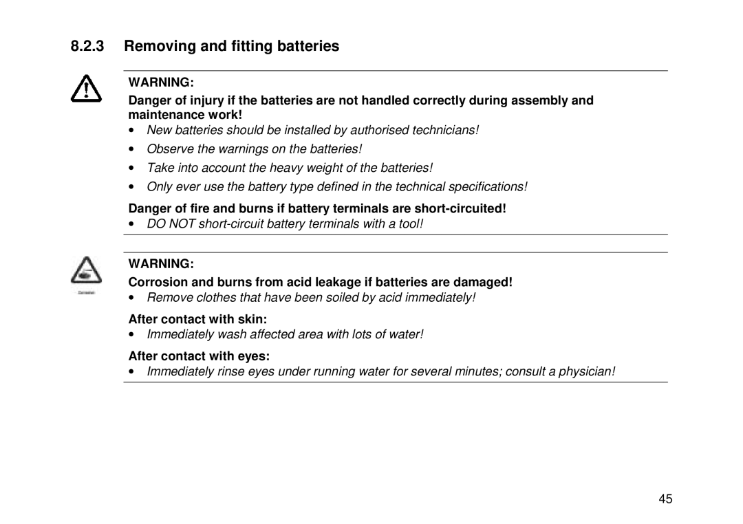 Invacare Auriga10 user manual Removing and fitting batteries, After contact with skin, After contact with eyes 