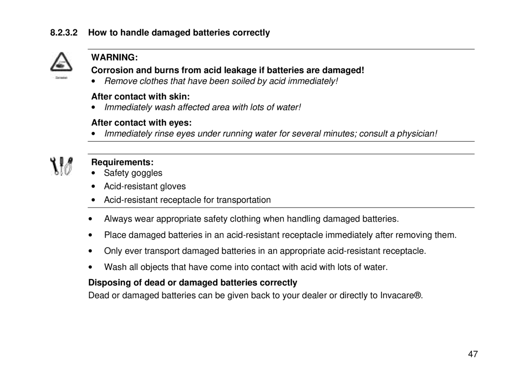 Invacare Auriga10 user manual Disposing of dead or damaged batteries correctly 