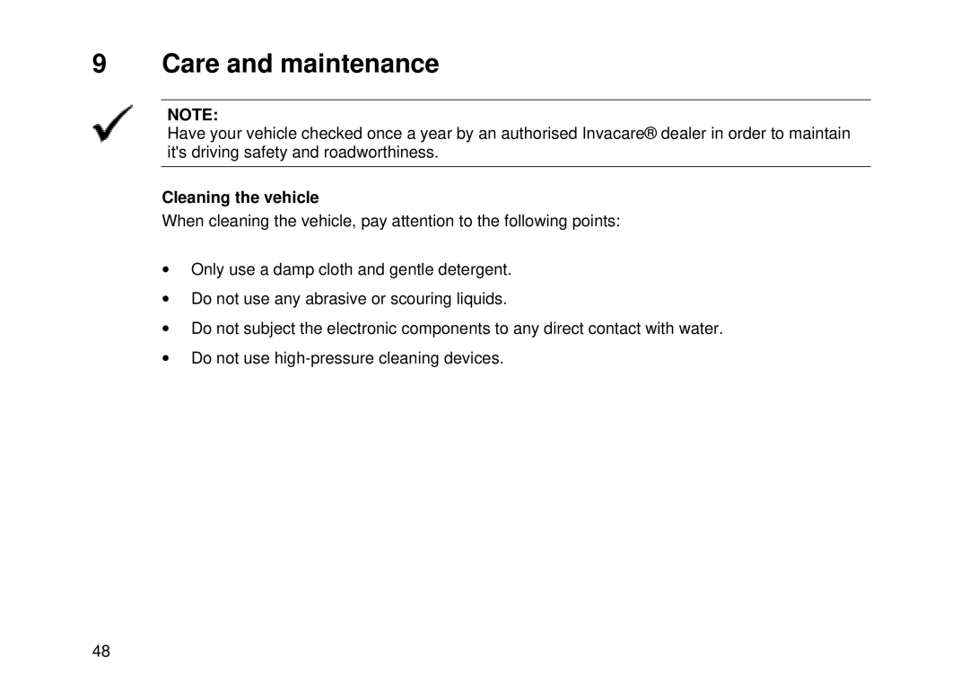 Invacare Auriga10 user manual Care and maintenance, Cleaning the vehicle 