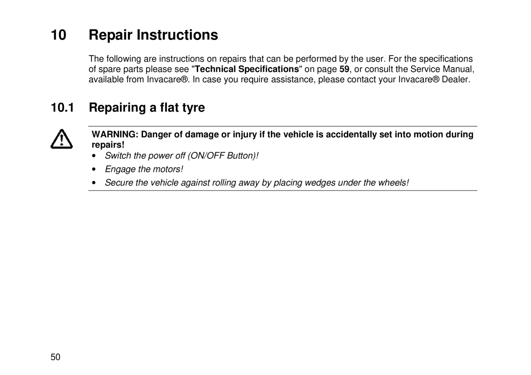 Invacare Auriga10 user manual Repair Instructions, Repairing a flat tyre 