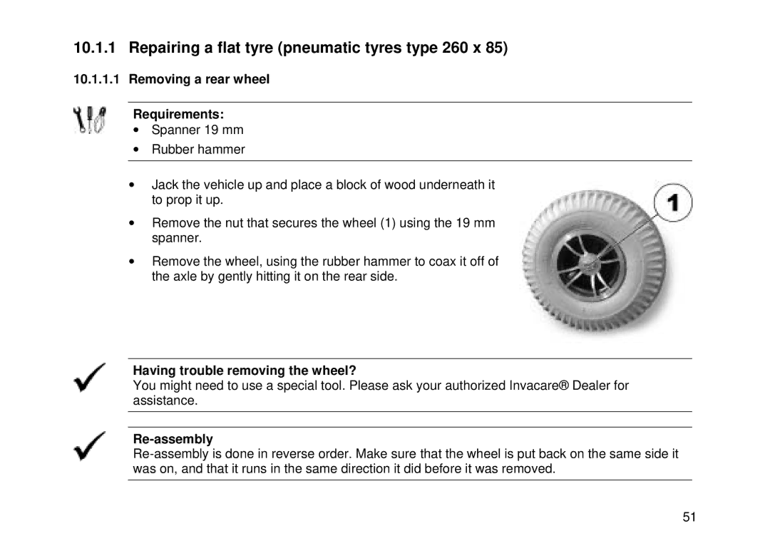 Invacare Auriga10 Repairing a flat tyre pneumatic tyres type 260 x, Removing a rear wheel Requirements, Re-assembly 