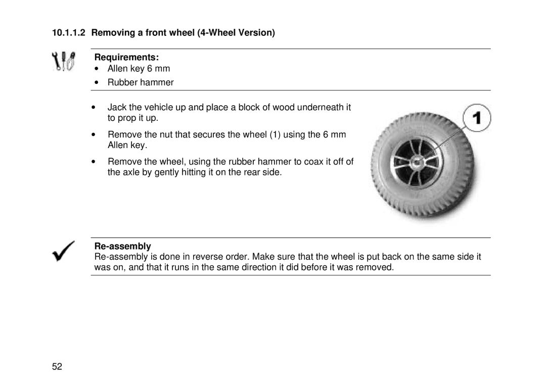 Invacare Auriga10 user manual Removing a front wheel 4-Wheel Version Requirements 