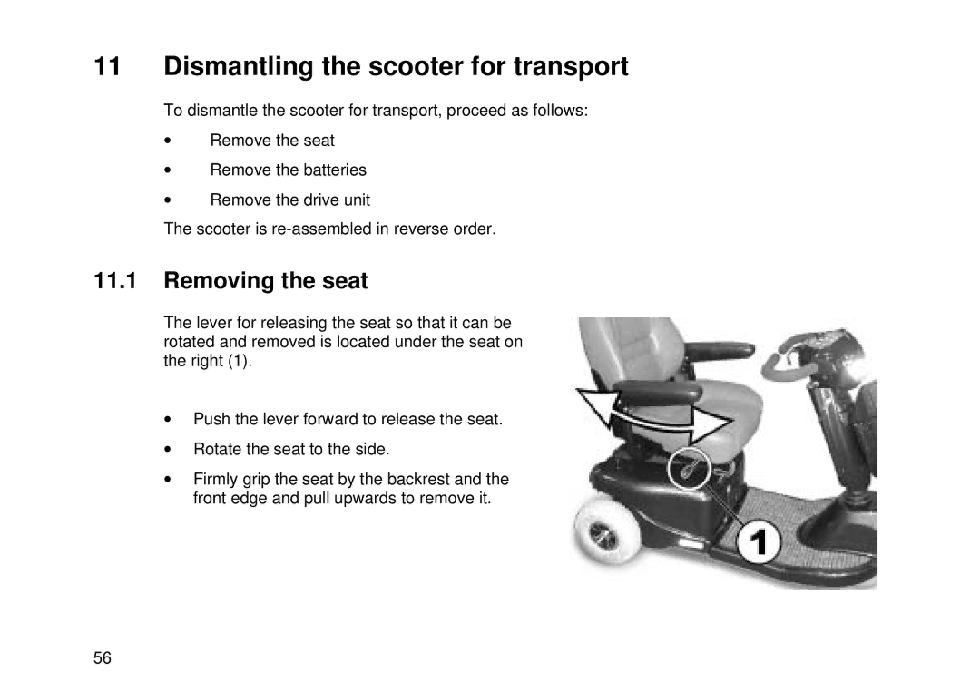 Invacare Auriga10 user manual Dismantling the scooter for transport, Removing the seat 