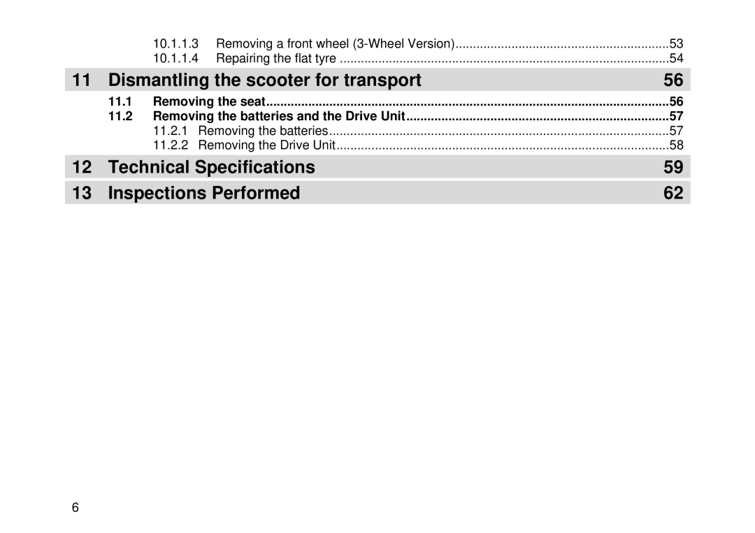 Invacare Auriga10 Dismantling the scooter for transport, Technical Specifications Inspections Performed, 11.1, 11.2 