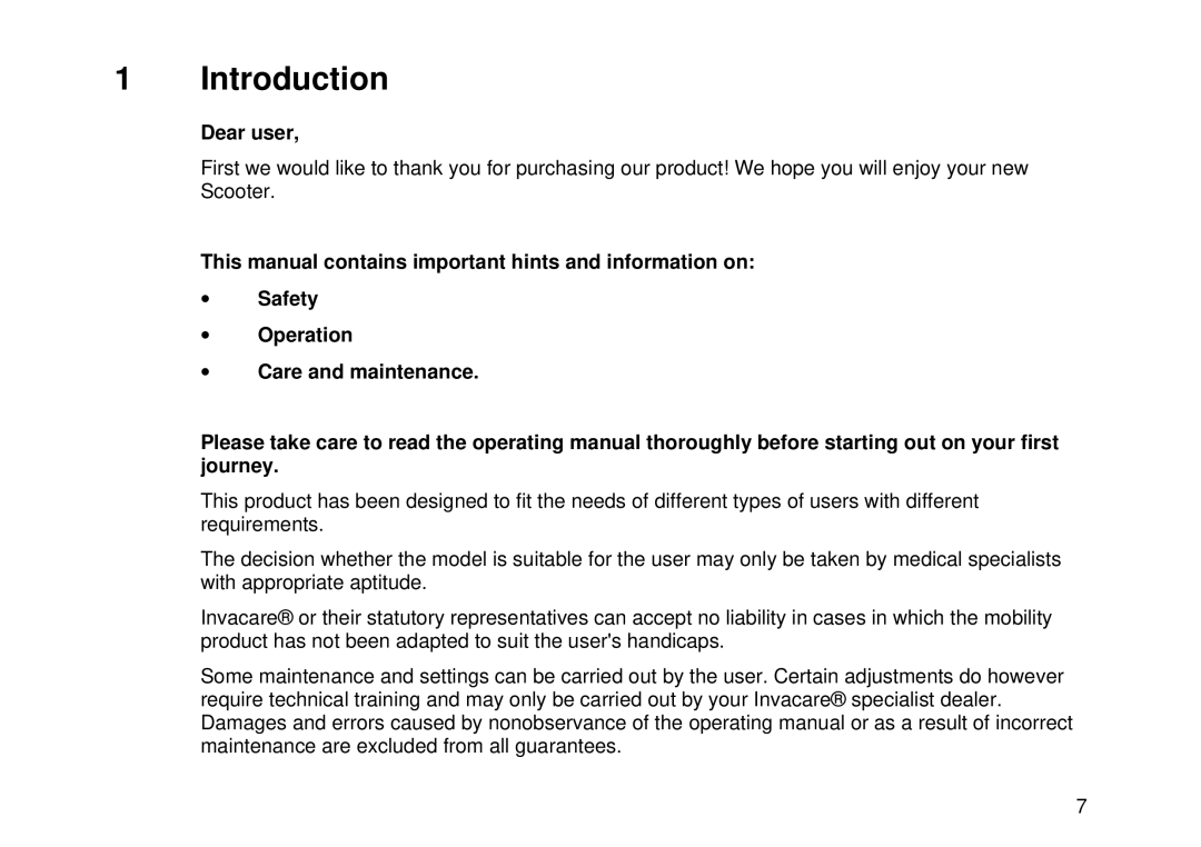 Invacare Auriga10 user manual Introduction, Dear user 