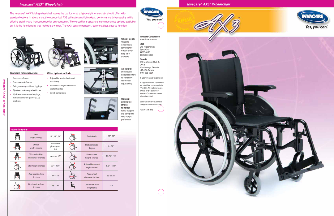 Invacare AX3 specifications Standard models include, Other options include 