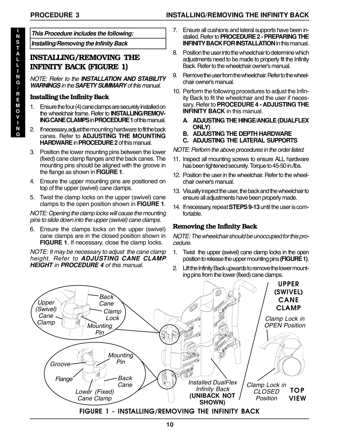 Invacare Back Support manual Installing the Infinity Back, Removing the Infinity Back 