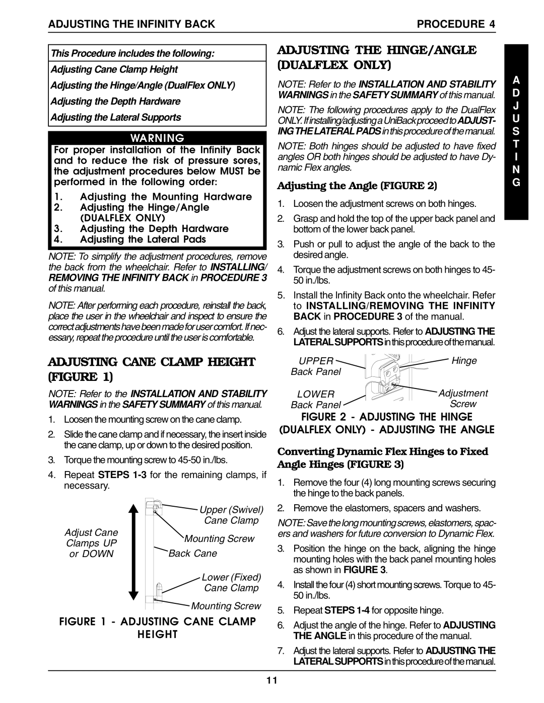 Invacare Back Support manual Adjusting Cane Clamp Height Figure, Adjusting the HINGE/ANGLE Dualflex only 