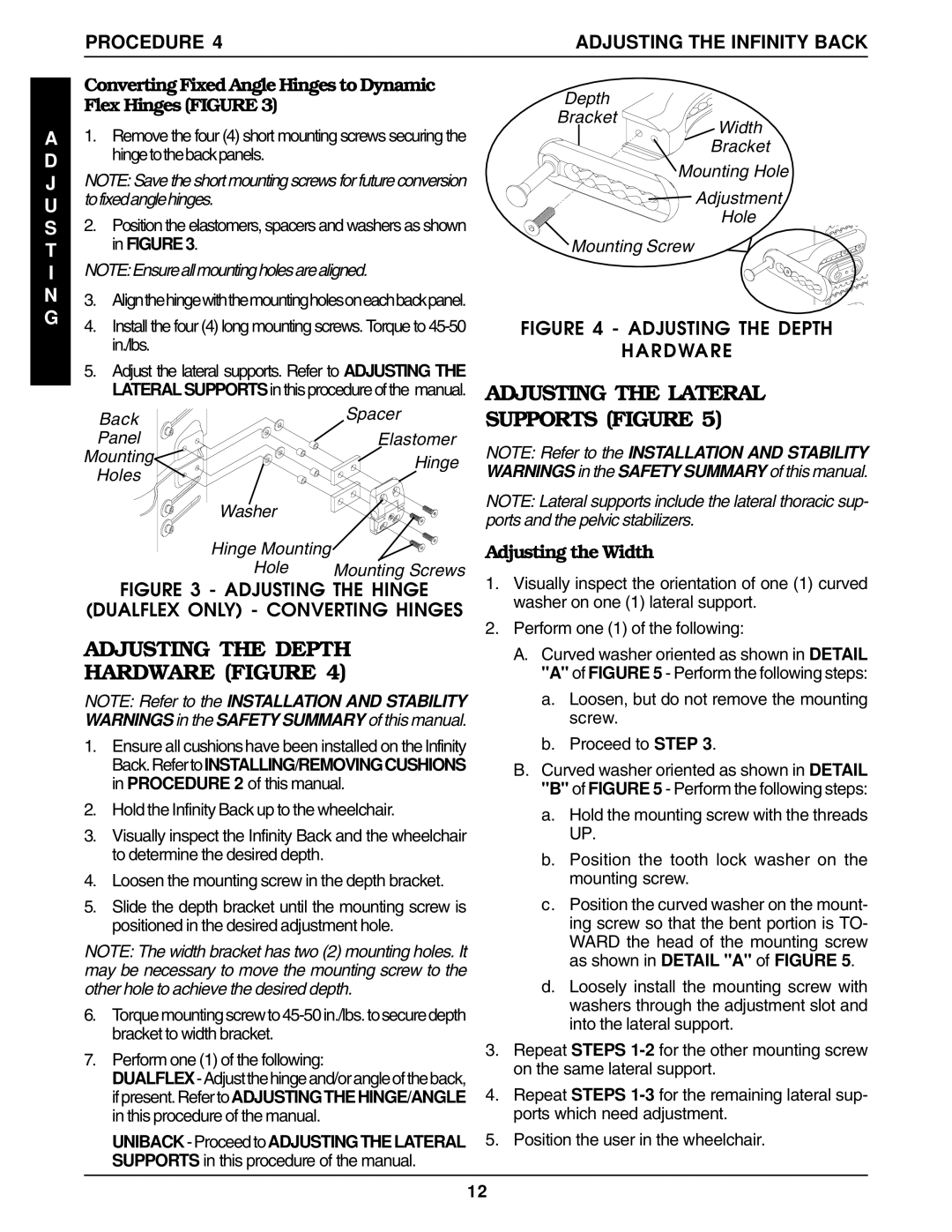 Invacare Back Support Adjusting the Depth Hardware Figure, Adjusting the Lateral Supports Figure, Adjusting the Width 
