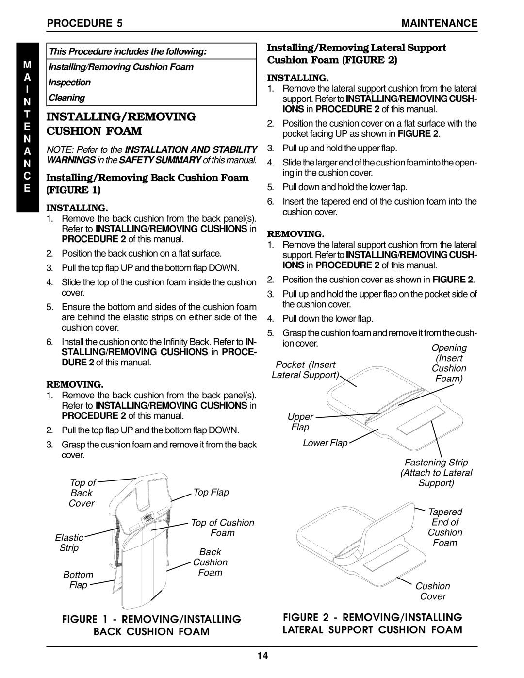 Invacare Back Support manual INSTALLING/REMOVING Cushion Foam, Procedure Maintenance, Installing/Removing Back Cushion Foam 