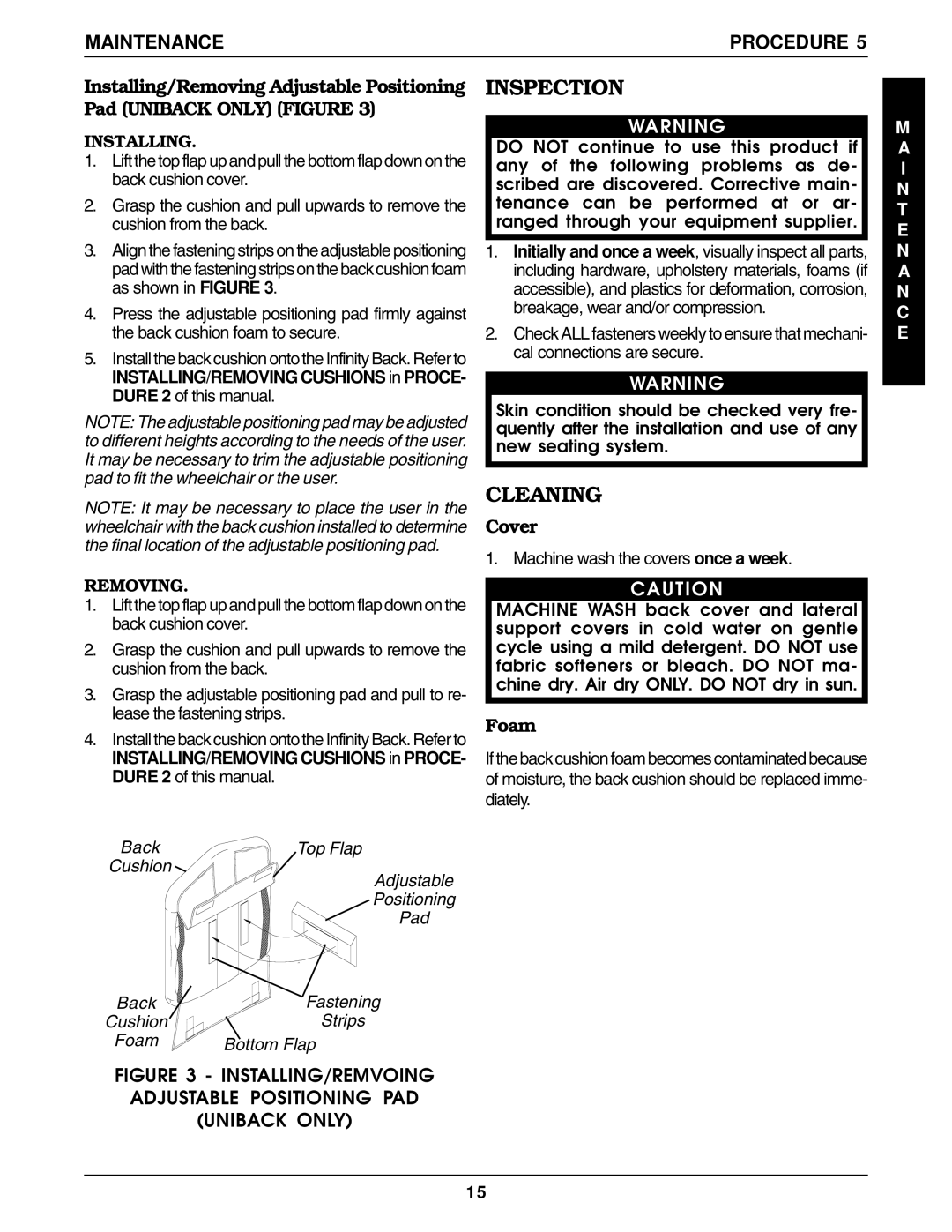 Invacare Back Support manual Inspection, Cleaning, Maintenance Procedure, Cover, Foam 