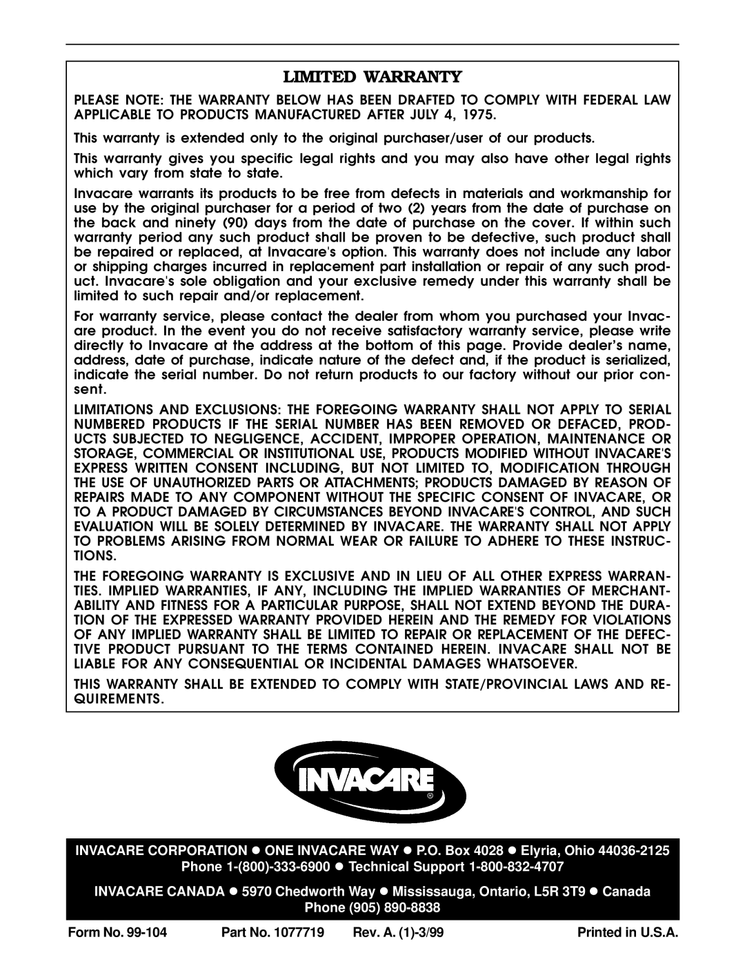 Invacare Back Support manual Limited Warranty 