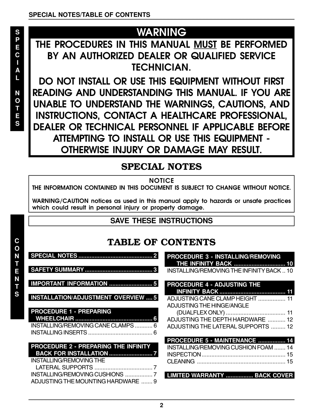 Invacare Back Support manual Special Notes 