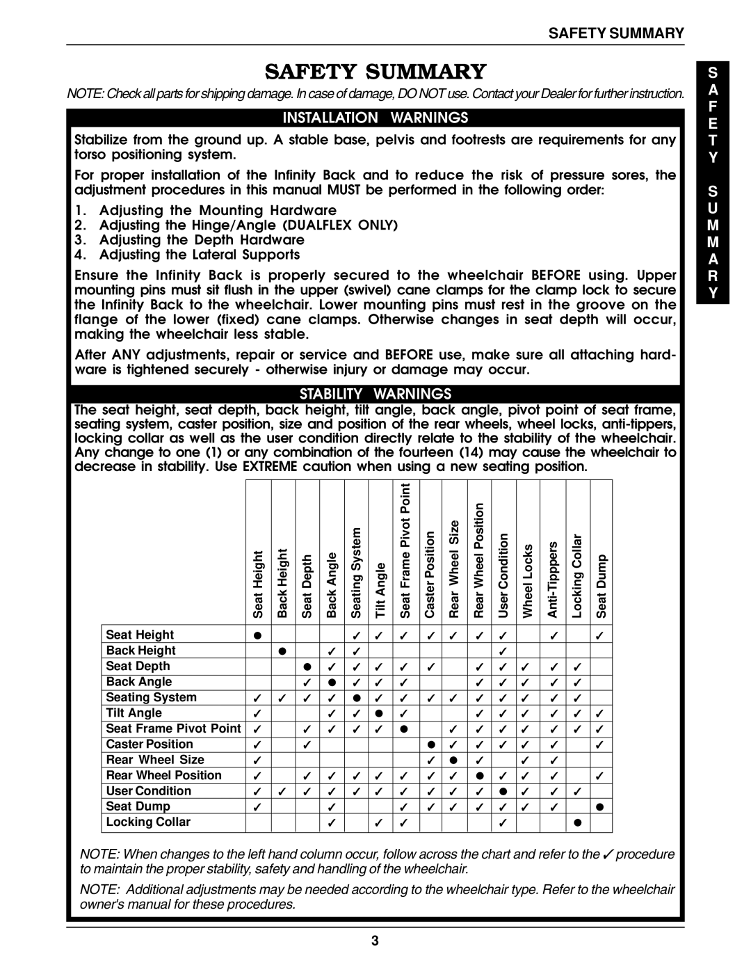 Invacare Back Support manual Safety Summary 