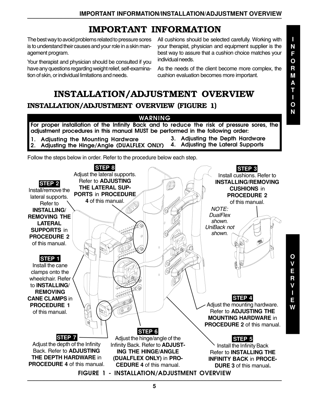 Invacare Back Support INSTALLATION/ADJUSTMENT Overview Figure, Important INFORMATION/INSTALLATION/ADJUSTMENT Overview 