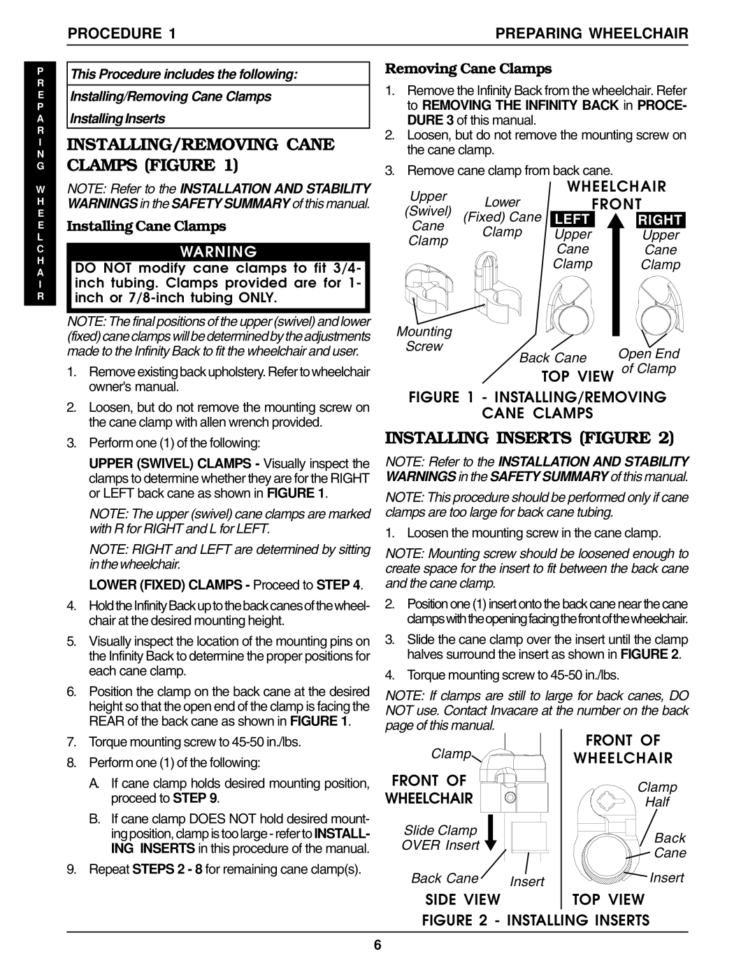 Invacare Back Support INSTALLING/REMOVING Cane Clamps Figure, Installing Inserts Figure, Procedure, Installing Cane Clamps 