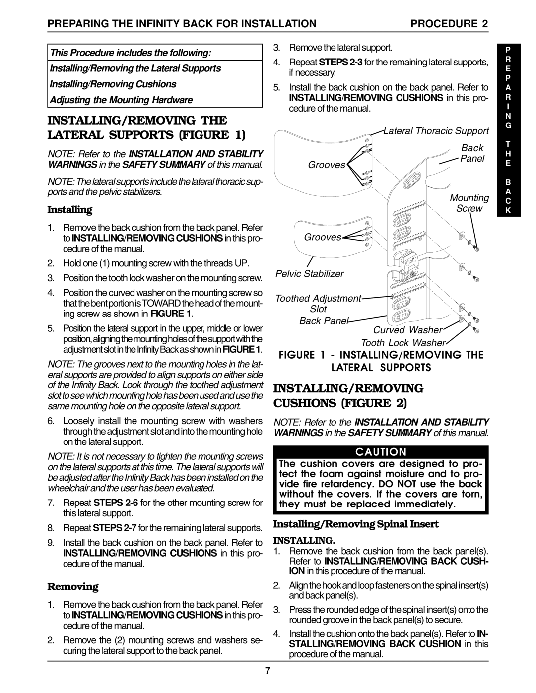 Invacare Back Support manual INSTALLING/REMOVING the Lateral Supports Figure, INSTALLING/REMOVING Cushions Figure 