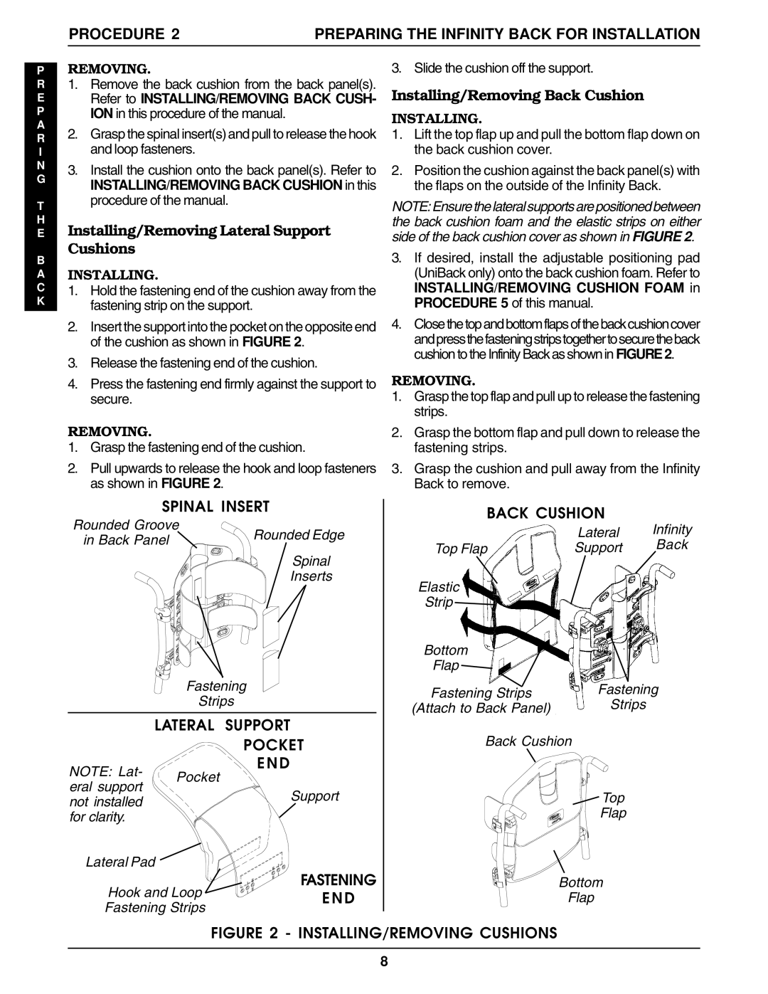 Invacare Back Support manual Installing/Removing Lateral Support Cushions, Installing/Removing Back Cushion 