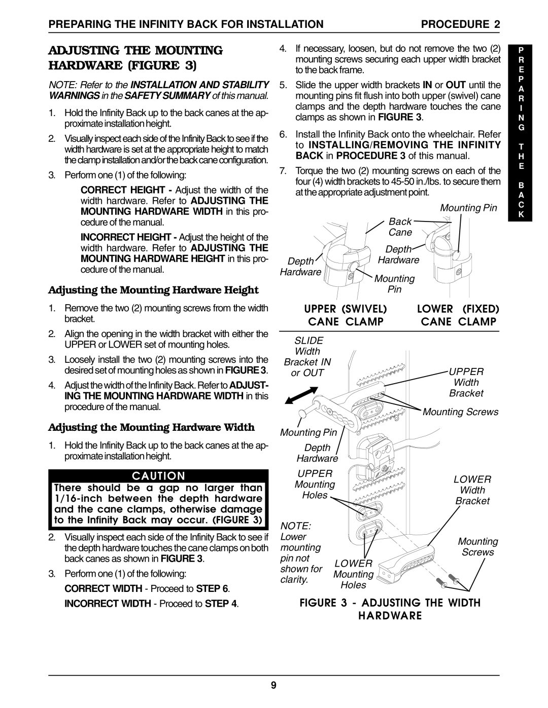 Invacare Back Support manual Adjusting the Mounting Hardware Height, Adjusting the Mounting Hardware Width, Lower Fixed 