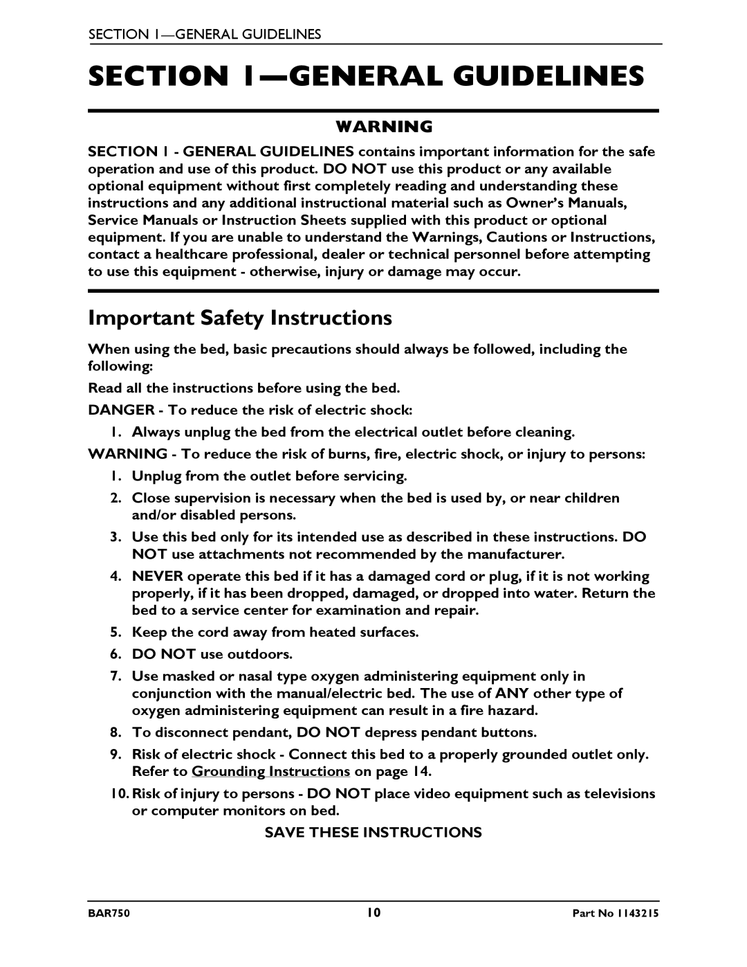 Invacare BAR750 manual General Guidelines, Important Safety Instructions 