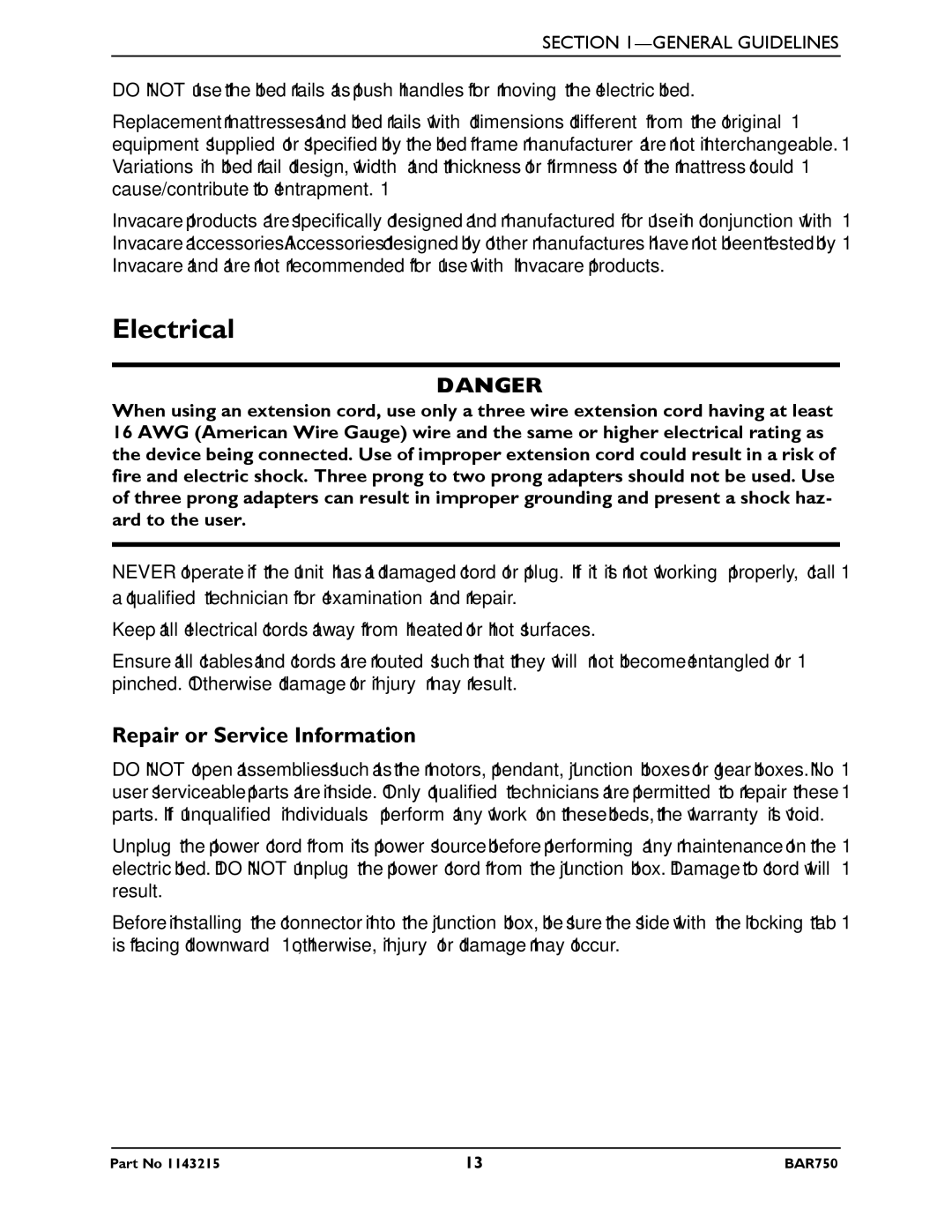 Invacare BAR750 manual Electrical, Repair or Service Information 