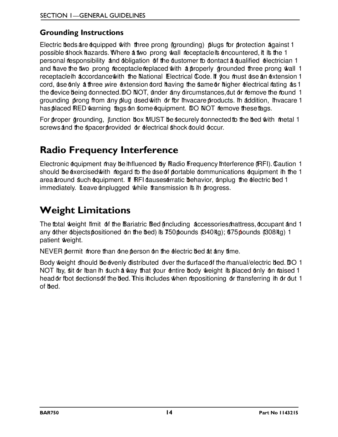 Invacare BAR750 manual Radio Frequency Interference, Weight Limitations, Grounding Instructions 