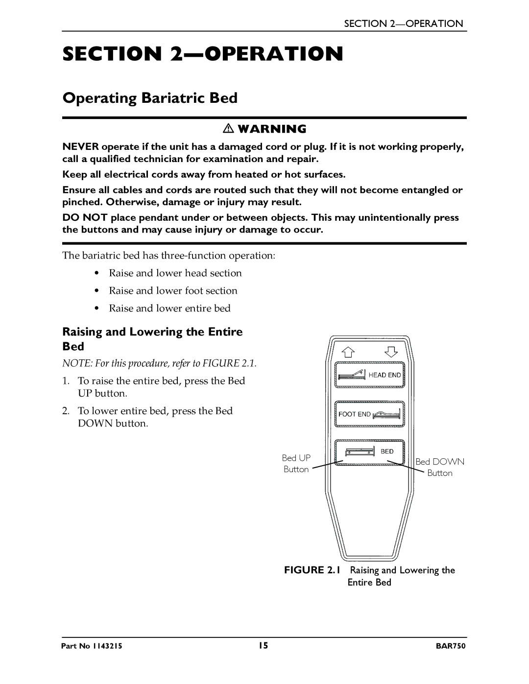 Invacare BAR750 manual Operation, Operating Bariatric Bed, Raising and Lowering the Entire Bed 