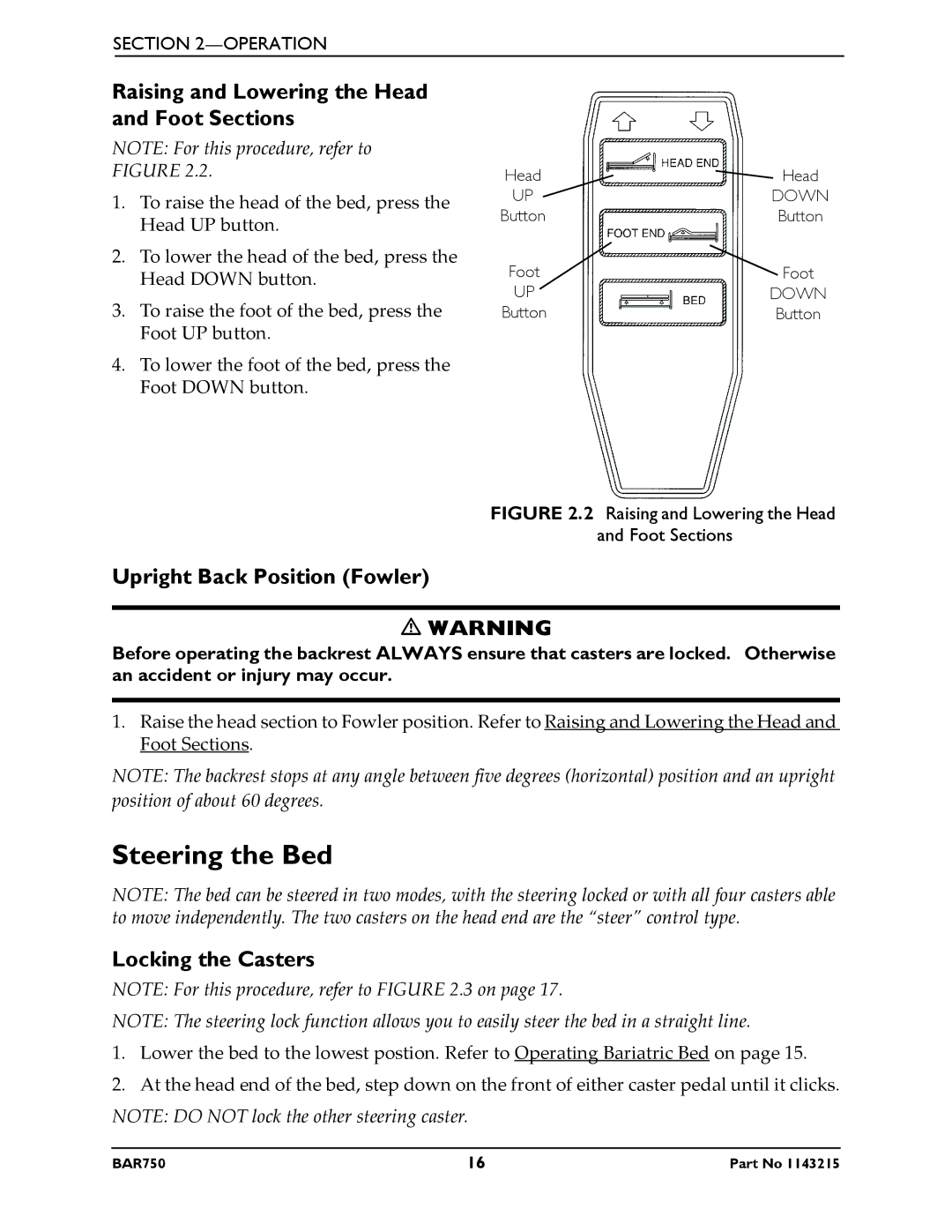 Invacare BAR750 manual Steering the Bed, Raising and Lowering the Head and Foot Sections, Upright Back Position Fowler 