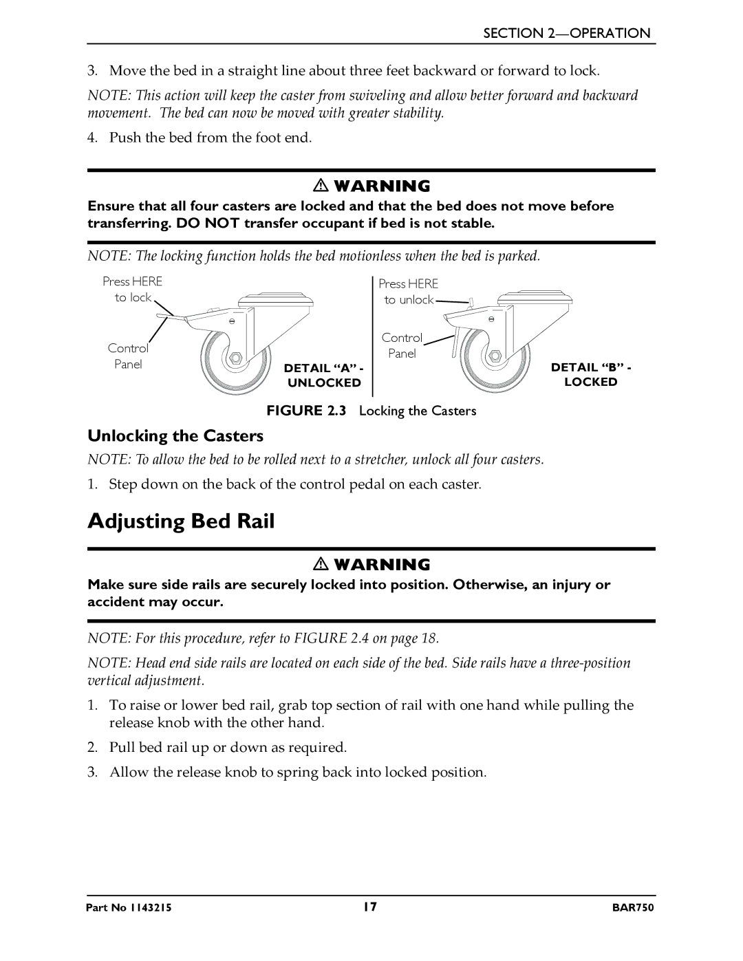 Invacare BAR750 manual Adjusting Bed Rail, Unlocking the Casters 